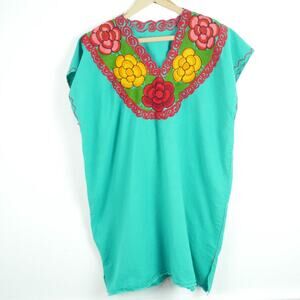 Mexican Embroidered Tunic Dress Floral Huipil Resort Boho Hippy M L Cotton Beach